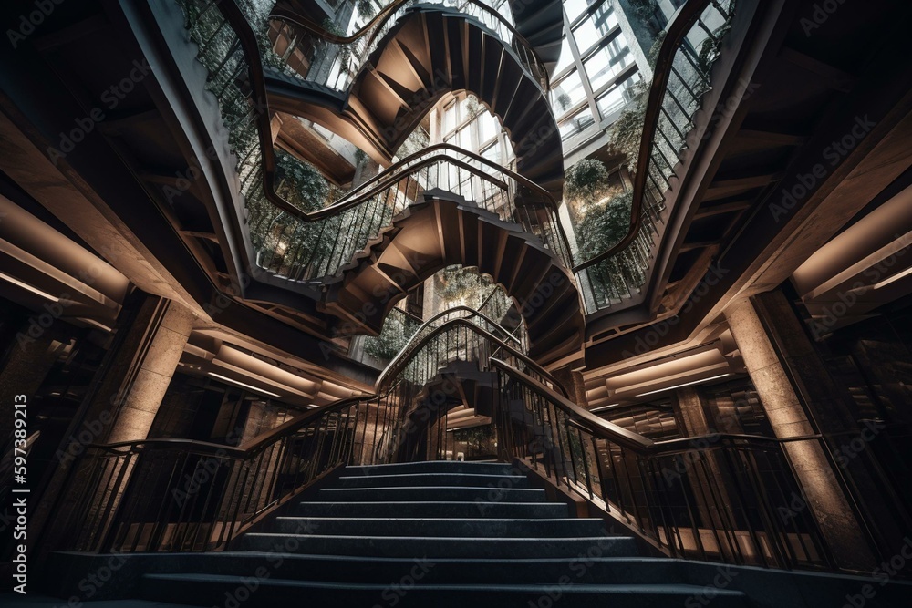 A winding staircase inside a structure. Generative AI