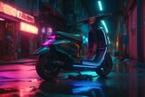 A hi-tech metallic scooter with cyberpunk aesthetics and neon lights. Generative AI