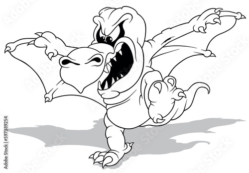 Drawing of a Prehistoric Dragon with Outstretched Wings and an Enraged Face