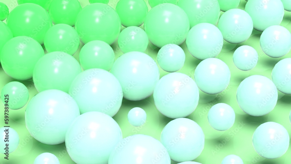 Random size many green balls that are arranged under white-brown lighting background. Conceptual 3D CG of blockchain, financial system and personal data analysis. Random size many green balls that are arranged under white-brown lighting background. Conceptual 3D CG of blockchain, financial system and personal data analysis.