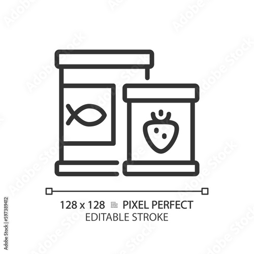 Canned goods pixel perfect linear icon. Food preservation. Ready to eat. Metal packaging. Kitchen pantry. Thin line illustration. Contour symbol. Vector outline drawing. Editable stroke