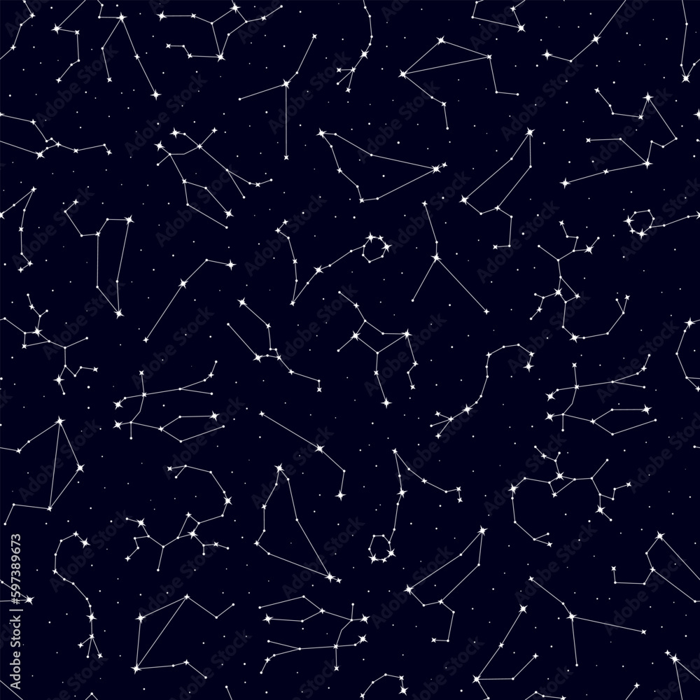 Naklejka premium Golden zodiac constellation, glowing stars seamless pattern, astrological symbols repeating print. Horoscope signs, constellations of sparkling stars on white background vector illustration