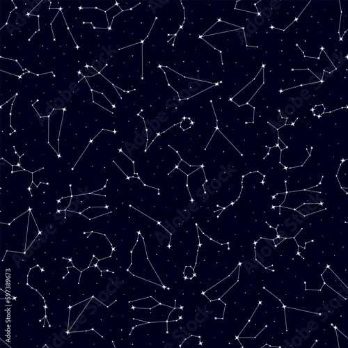 Golden zodiac constellation, glowing stars seamless pattern, astrological symbols repeating print. Horoscope signs, constellations of sparkling stars on white background vector illustration