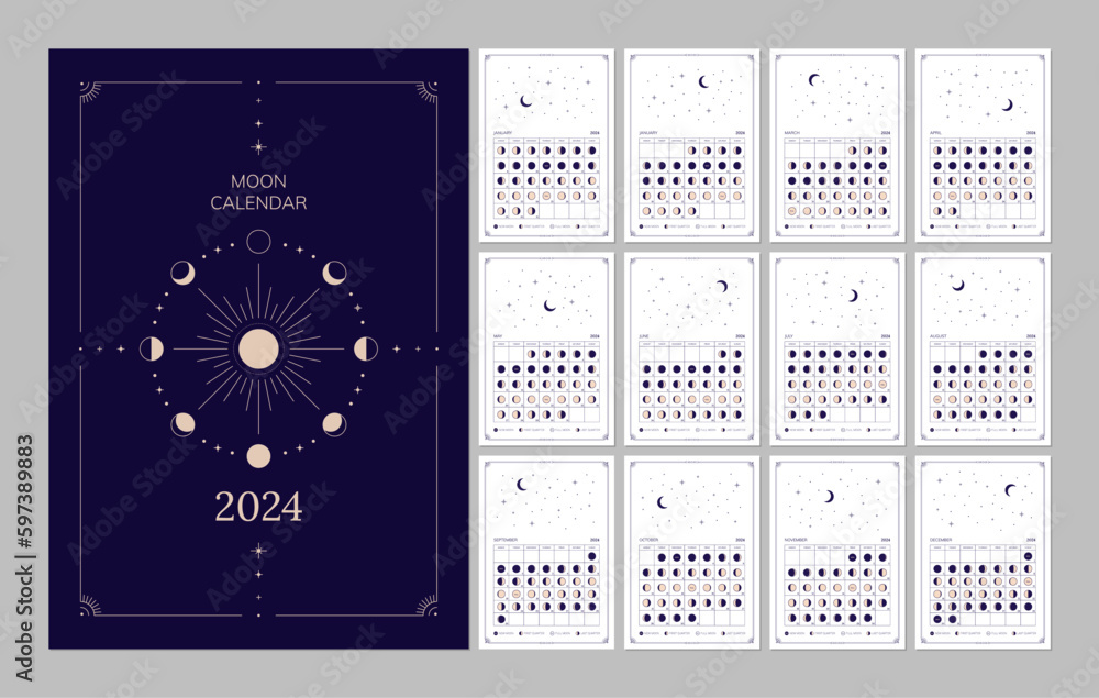 Moon calendar for 2024 year, lunar cycles planner template. Moon phases