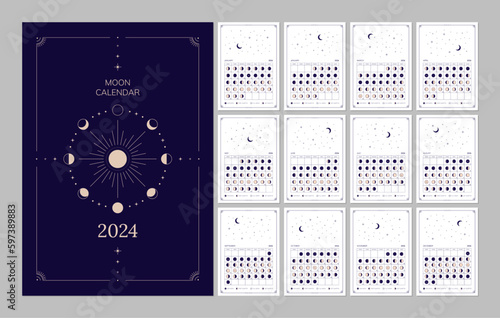 Moon calendar for 2024 year, lunar cycles planner template. Moon phases schedule, astrological lunar stages calendar banner, card, poster vector illustration photo