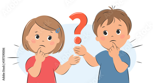 Children ponder the question. Cartoon characters girl and boy for children design. Knowledge and education concept. Vector illustration