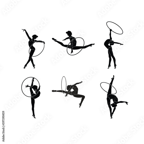 Hoop Rhythmic Gymnastics set flat sihouette vector. Rhythmic Gymnastics female athlete black icon on white background.