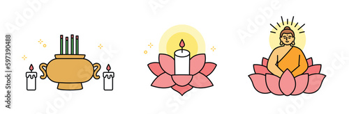 Buddha’s Birthday. Incense burner, candle And the Buddha on the lotus.