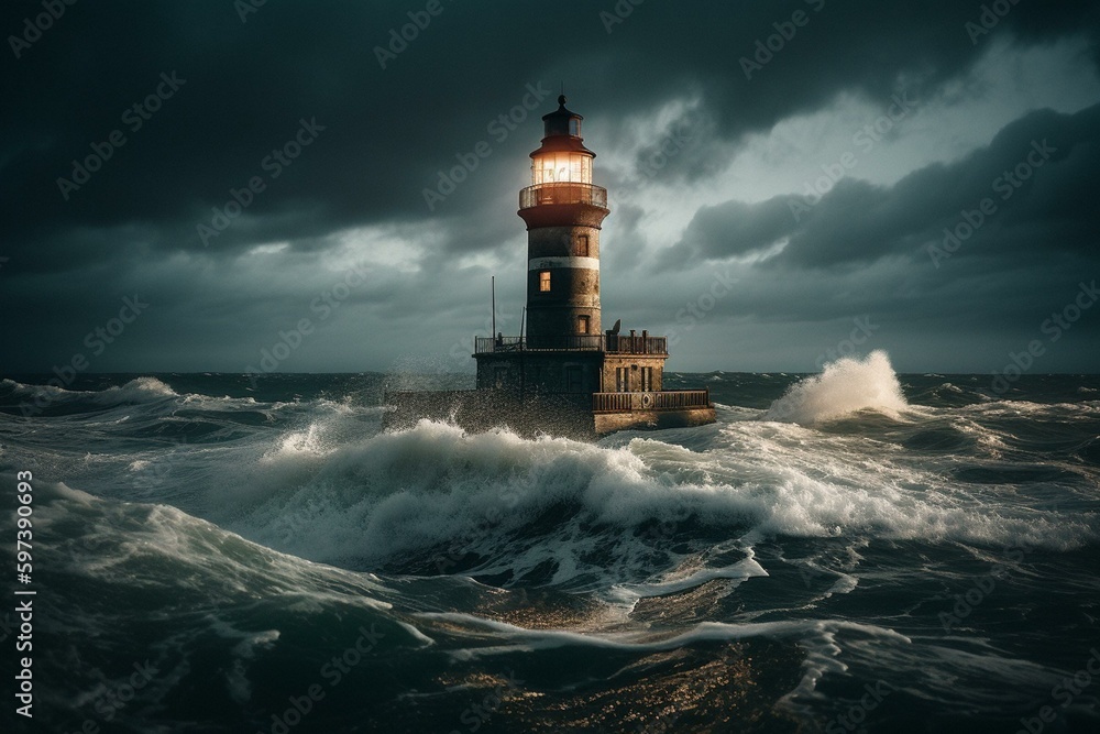 Lighthouse guides through stormy night ocean. Generative AI