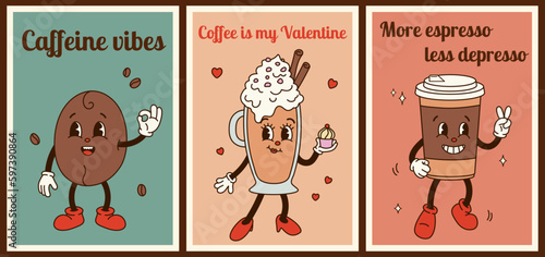 Set 3 posters with groovy coffee characters with motivation quotes in retro cartoon style of 60s 70s. Bean, cappuccino, coffee to go. Flat vector illustration.