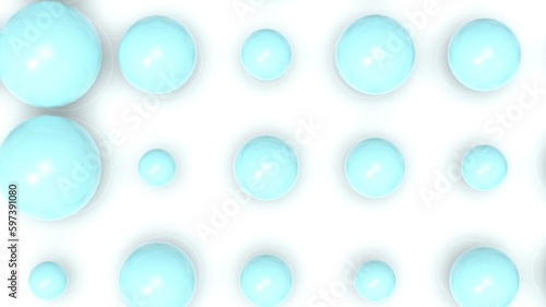 Random size many blue balls that are arranged under white lighting background. Conceptual 3D CG of blockchain, financial system and personal data analysis.