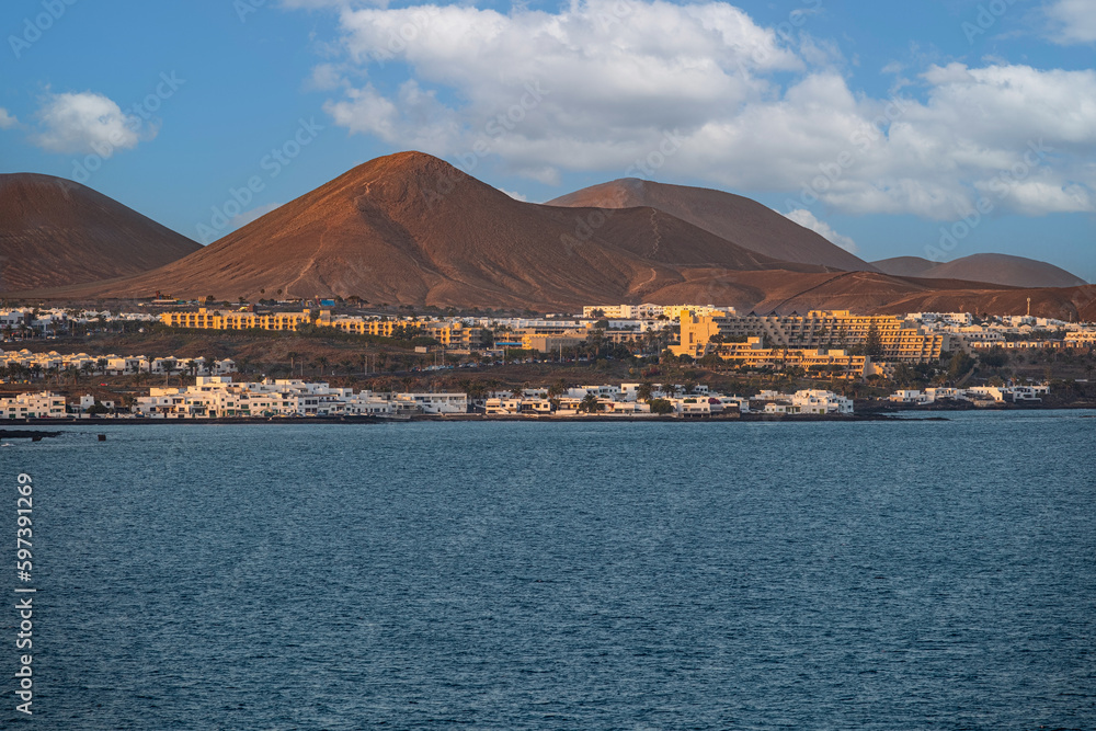 A view to the port and the mountains of Lanzarote. 