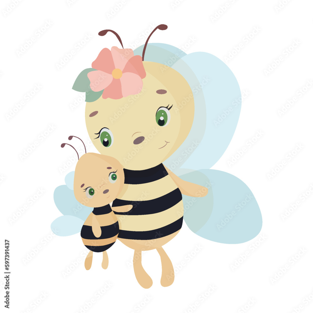 Obraz premium Cute bee illustration with bee. Mother and son. Mom and daughter. Baby illustration, Poster.