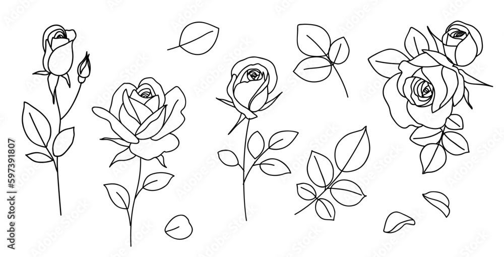 Set of one line drawing. Decorative rose with bud and petal. Hand drawn floral elements for tattoo or sticker design. Vector stock illustration. Set of one line drawing. Decorative rose with bud and petal. Hand drawn floral elements for tattoo or sticker design. Vector stock illustration.