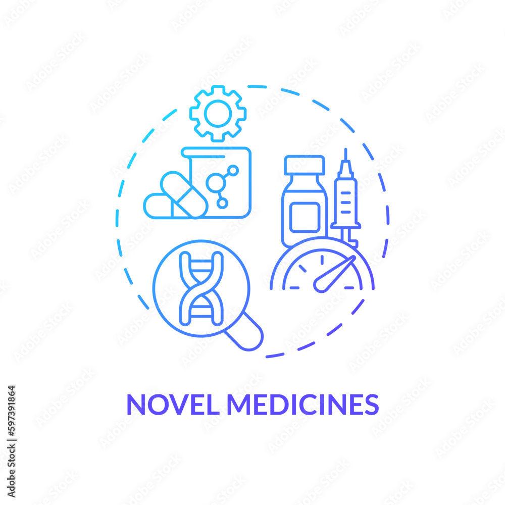 Novel medicines blue gradient concept icon. Improvement of clinical trials. Genome research. Benefit of precision medicine abstract idea thin line illustration. Isolated outline drawing Novel medicines blue gradient concept icon. Improvement of clinical trials. Genome research. Benefit of precision medicine abstract idea thin line illustration. Isolated outline drawing