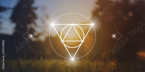 Sacred geometry spiritual new age futuristic illustration with transmutation interlocking circles, triangles and glowing particles