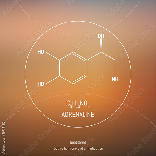 Adrenaline hormone molecule and formula in front of cosmis background. Brain chemistry infographic.