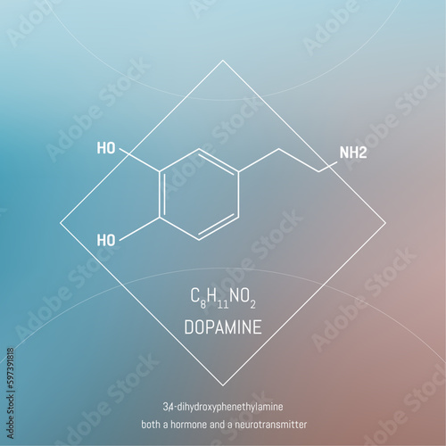 Dopamine neuro transmitter molecule and formula in front of cosmis background. Brain chemistry infographic.