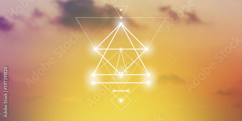 Sacred geometry spiritual new age futuristic illustration with transmutation interlocking circles, triangles and glowing particles
