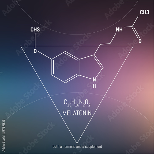 Melatonin hormone molecule and formula in front of cosmis background. Body chemistry infographic. Circadian rhythm drug.