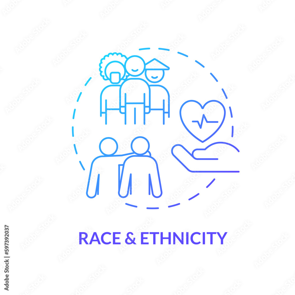 Race and ethnicity blue gradient concept icon. Patients equity for medical service. Healthcare system. Social determinant of health abstract idea thin line illustration. Isolated outline drawing Race and ethnicity blue gradient concept icon. Patients equity for medical service. Healthcare system. Social determinant of health abstract idea thin line illustration. Isolated outline drawing