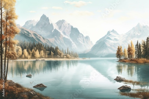 Repetitive watercolor landscape with a serene lake, lush trees, and towering mountains. Horizontal border pattern. Generative AI