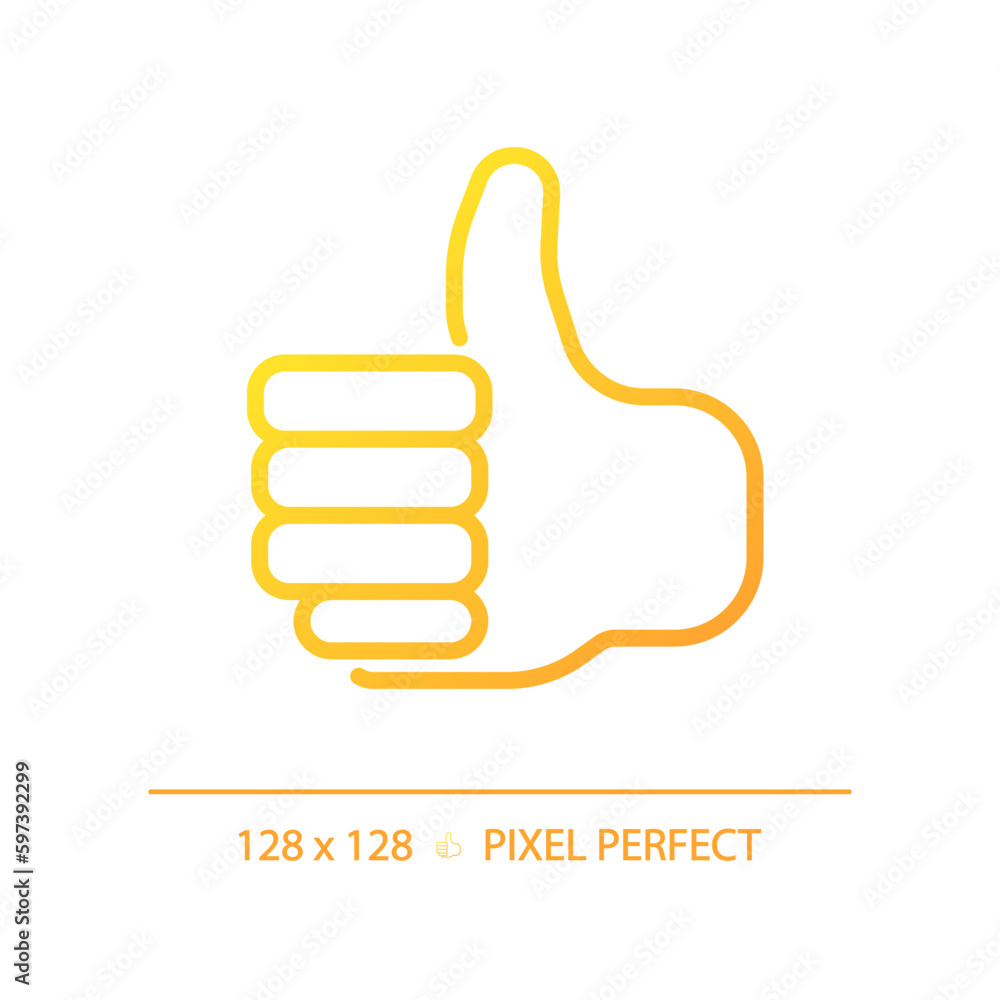 Thumb up pixel perfect gradient linear vector icon. Showing positive attitude with gesture. Like for service rating. Thin line color symbol. Modern style pictogram. Vector isolated outline drawing Thumb up pixel perfect gradient linear vector icon. Showing positive attitude with gesture. Like for service rating. Thin line color symbol. Modern style pictogram. Vector isolated outline drawing