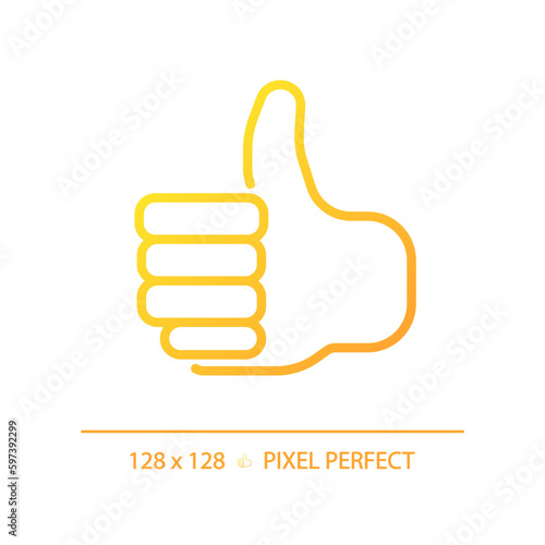 Thumb up pixel perfect gradient linear vector icon. Showing positive attitude with gesture. Like for service rating. Thin line color symbol. Modern style pictogram. Vector isolated outline drawing