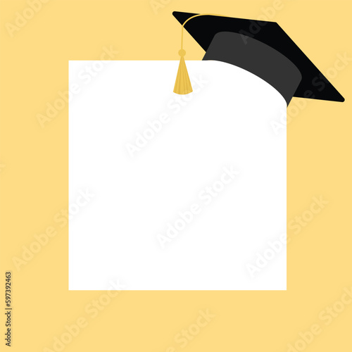 Graduation cap on white square paper. Free space for text. Copy space. Education concept. Vector illustration.