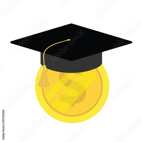 Graduation cap on coin. Concept of cost of graduation.  Graduation cost or expensive education or scholarship loan vector.