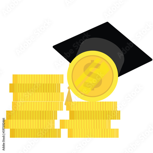 Graduation cap of coins. Concept of cost of graduation.  Graduation cost or expensive education or scholarship loan vector.