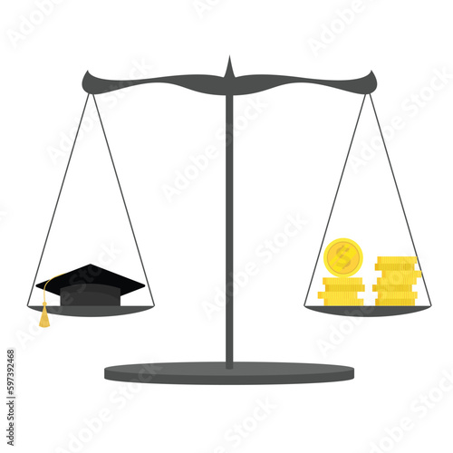 Coins and graduation cap on scales. Concept of cost of graduation.  Graduation cost or expensive education or scholarship loan vector.