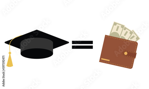 Graduation cap equal a lot of money. Concept of cost of graduation.  Graduation cost or expensive education or scholarship loan vector.
