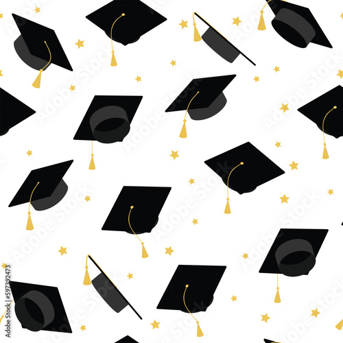 Seamless pattern with graduation cap and stars. Graduation background.
