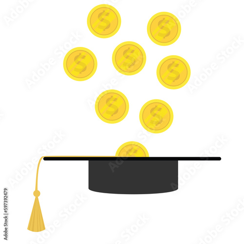 Coins fall in graduation cap. Concept of cost of graduation.  Graduation cost or expensive education or scholarship loan vector.