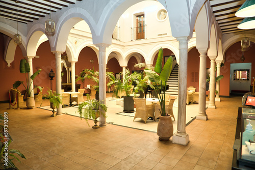Beautiful interior courtyard with columns and plants of the reception of a luxurious hotel. Travel concept  rooms  buildings  interior design.