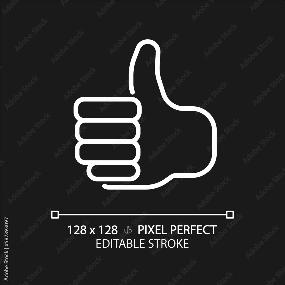 Thumb up pixel perfect white linear icon for dark theme. Showing positive attitude with gesture. Like for service rating. Thin line illustration. Isolated symbol for night mode. Editable stroke Thumb up pixel perfect white linear icon for dark theme. Showing positive attitude with gesture. Like for service rating. Thin line illustration. Isolated symbol for night mode. Editable stroke