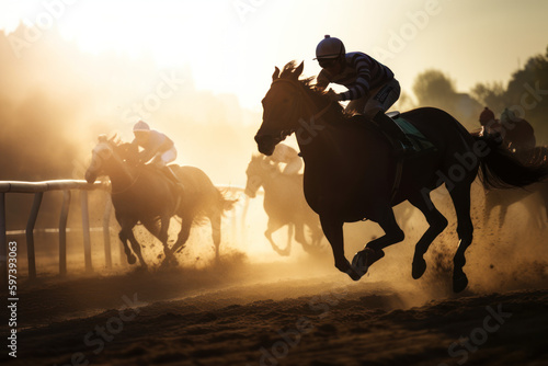 Horse racing at sunset. Silhouette of thoroughbred and jockey. Generative AI.