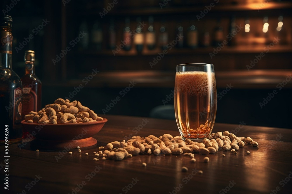 A big beer on the bar with peanuts. Generative AI