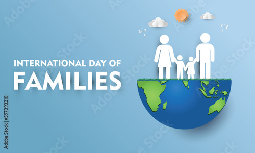 International Day of Families design. It features an icon of a family on a half globe. The family consists of a father, a mother, a boy and a girl. Vector illustration