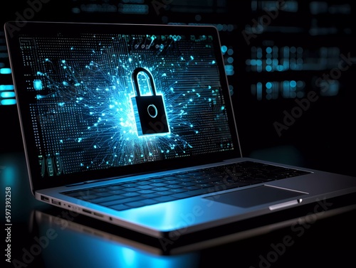 Wallpaper Mural Cybersecurity: Padlock with abstract data on a laptop. Data protection and data privacy in a digital world. (Generative AI) Torontodigital.ca