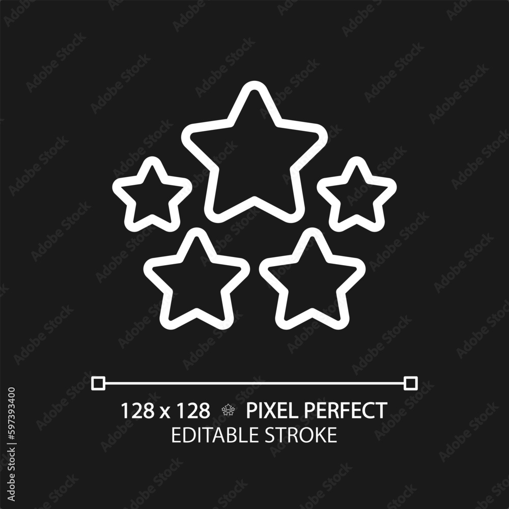 Five stars pixel perfect white linear icon for dark theme. High rating of company products. Customer feedback. Thin line illustration. Isolated symbol for night mode. Editable stroke Five stars pixel perfect white linear icon for dark theme. High rating of company products. Customer feedback. Thin line illustration. Isolated symbol for night mode. Editable stroke