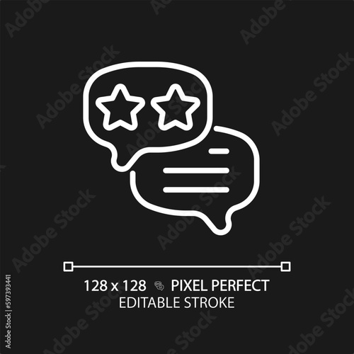 Feedback pixel perfect white linear icon for dark theme. Rating of commercial company. Customer review on used product. Thin line illustration. Isolated symbol for night mode. Editable stroke