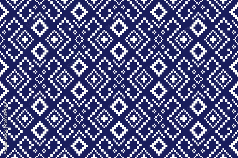 Fototapeta premium Indigo navy blue geometric traditional ethnic pattern Ikat seamless pattern border abstract design for fabric print cloth dress carpet curtains and sarong Aztec African Indian Indonesian