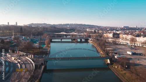 Time lapse cars speeding on road along sunny Neckar River, Stuttgart, Germany

