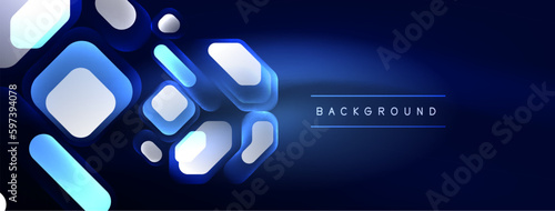 Glowing neon geometric elements abstract background. Neon light or laser show, electric impulse, power lines, techno quantum energy impulse, magic glowing dynamic lines