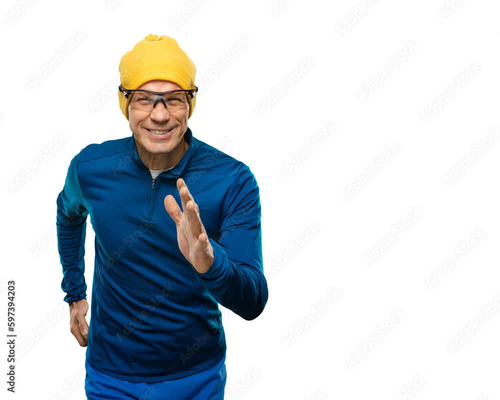 Smiling fit man in warm sport clothes running on white background Smiling fit man in warm sport clothes running on white background