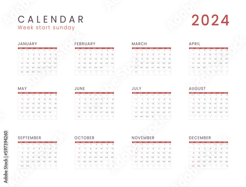 2024 Annual Calendar template. Vector layout of a wall or desk simple calendar with week start Sunday. Calendar design in black and white colors, holidays in red colors.