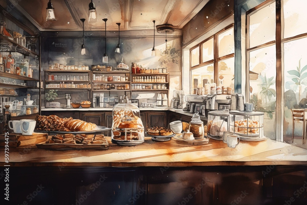 Watercolor illustration of café background with coffee and frame. Generative AI