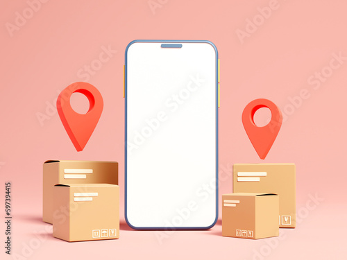 3D smartphone with brown cardboard box and location pins isolated on pink background. online shopping concept express delivery service banner decoration. Mobile phone white screen, sell, gift box.